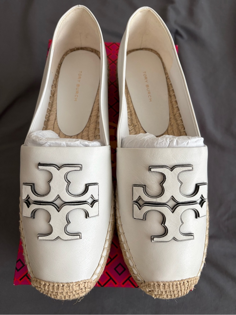 Tory Burch Cream Leather Espadrille Loafers with Black Logo